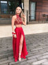 Two Piece High Neck Open Back Floor Length Red Prom Dress with Split LBQ1743